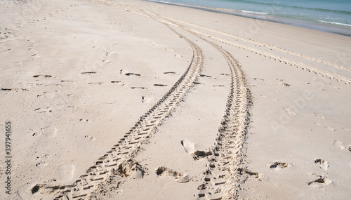 Fototapeta Naklejka Na Ścianę i Meble -  4x4 tyre tracks crisscrossing Tire tracks on the sand texture background
