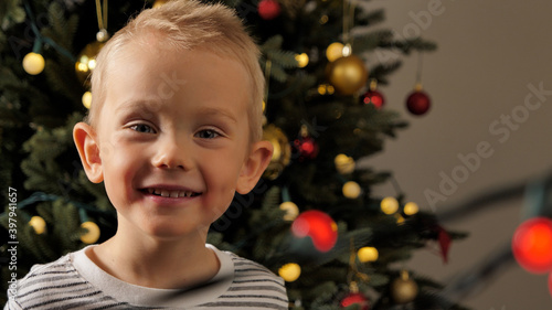 Portrait of little boy, christmas tree in the background