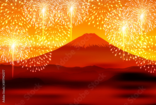 新年　富士山　花火　背景