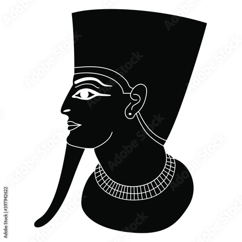 Head of ancient Egyptian pharaoh. Black and white silhouette.