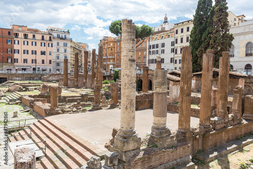 Largo di Torre Argentina, a square in Rome, Italy, with four Roman Republican temples and the remains of Pompey's Theatre.