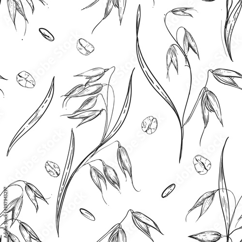 Detailed hand drawn black and white illustration seamless pattern of oat ear, wheat, leaf, grain, agriculture. sketch. Vector. Elements in graphic style label, card, sticker, menu, package.