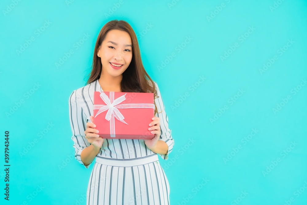 Portrait beautiful young asian woman with red gift box Portrait beautiful young asian woman with red gift box