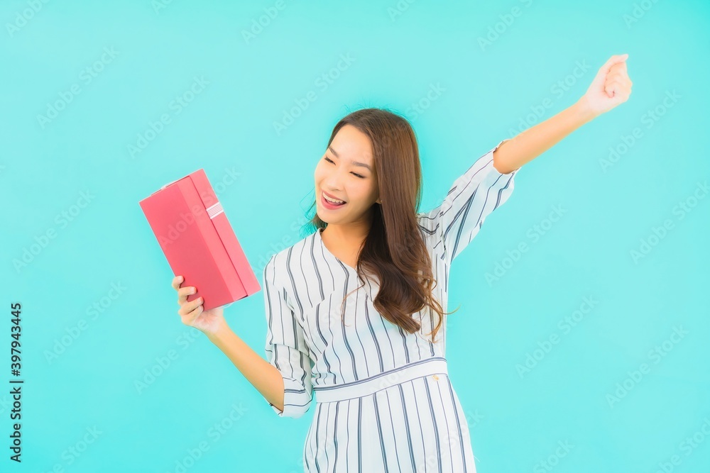 Portrait beautiful young asian woman with red gift box Portrait beautiful young asian woman with red gift box