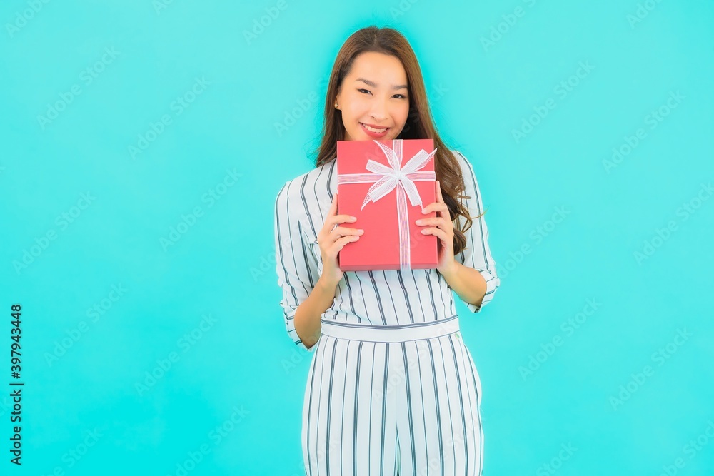 Portrait beautiful young asian woman with red gift box Portrait beautiful young asian woman with red gift box