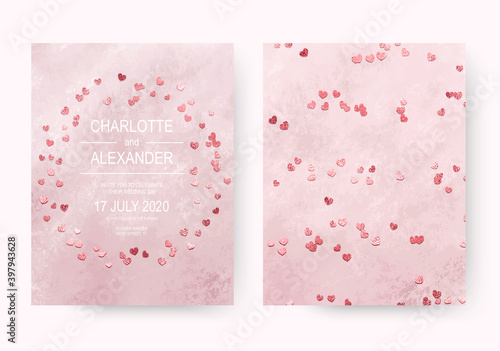 Lovely pink acrylic wedding invitation cards with rose gold hearts confetti.