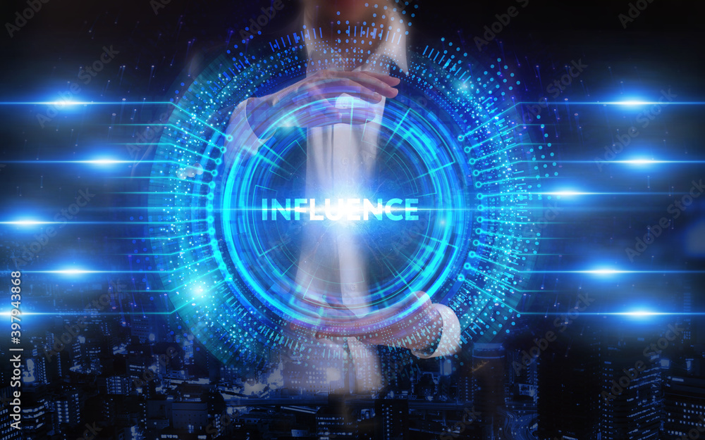 Business, Technology, Internet and network concept. Young businessman working on a virtual screen of the future and sees the inscription: Influence Business, Technology, Internet and network concept. Young businessman working on a virtual screen of the future and sees the inscription: Influence