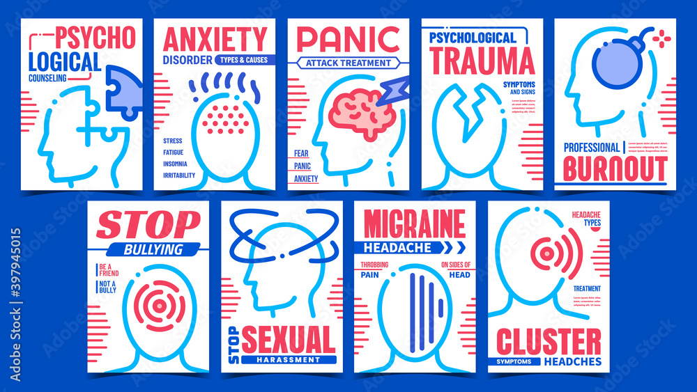 Headache Disease Creative Promo Posters Set Vector. Migraine Headache And Anxiety Disorder, Psychological Trauma And Therapy Advertising Banners. Concept Template Style Color Illustrations
