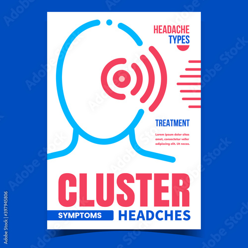 Cluster Headaches Creative Promo Banner Vector. Sinus Tension Cluster And Migraine Head Ache Symptom And Treatment Advertising Poster. Medical Therapy Concept Template Style Color Illustration