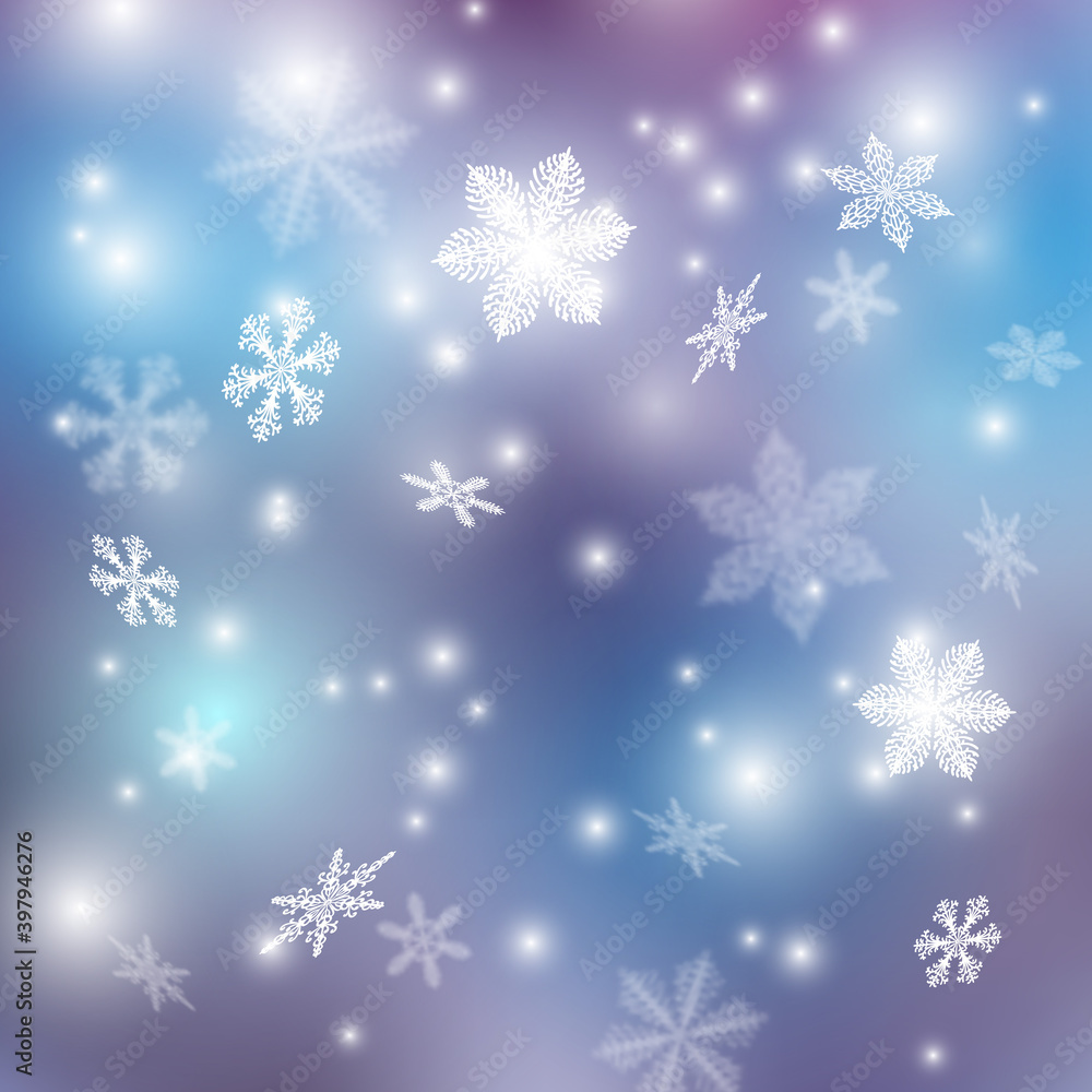 flying snow flakes and stars on blue background. Breathtaking winter silver snowflake overlay template. Eps10