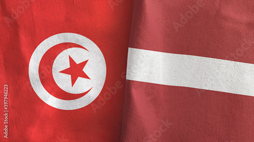 Latvia and Tunisia two flags textile cloth 3D rendering