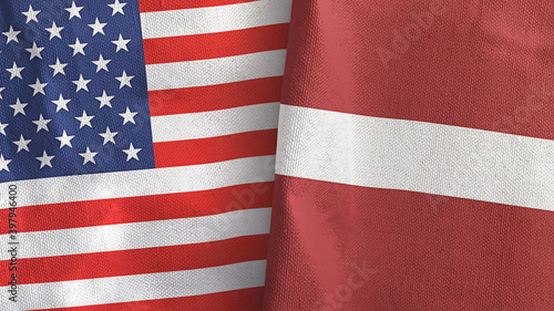 Latvia and United States two flags textile cloth 3D rendering