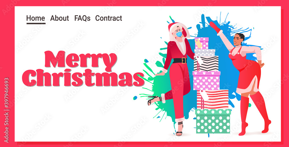 mix race santa women with gifts wearing masks to prevent coronavirus pandemic new year christmas holidays celebration concept full length horizontal vector illustration