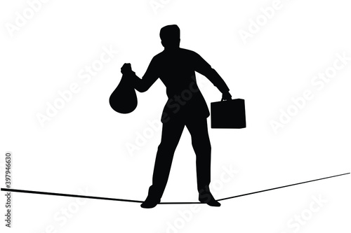 Business man walks on wire tightrope silhouette vector