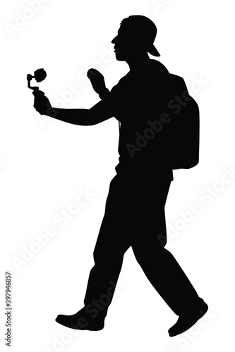 Young man with camera filming vlog silhouette vector