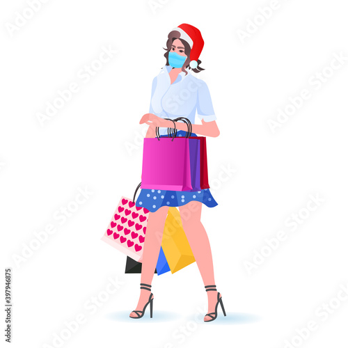 woman in santa hat holding shopping bags girl wearing masks to prevent coronavirus pandemic new year christmas holidays celebration concept full length vector illustration
