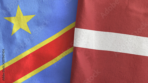 Latvia and Congo Democratic Republic two flags textile cloth 3D rendering