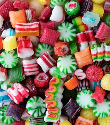 A top down close up view of an assortment of Christmas candy.
