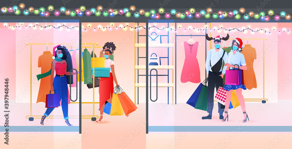 people in masks walking with purchases new year big sale promotion discount concept shopping mall interior full length horizontal vector illustration people in masks walking with purchases new year big sale promotion discount concept shopping mall interior full length horizontal vector illustration