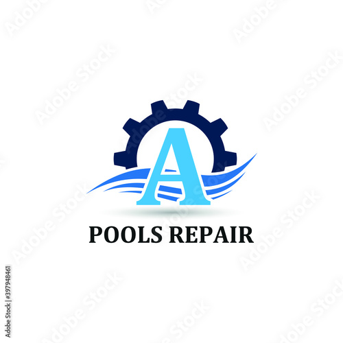 Initial A letter for swimming pools and aquatic venue repairing, setting and service company logo template 