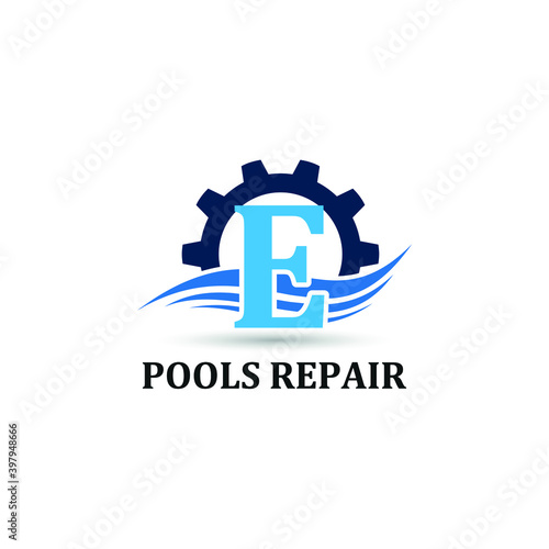 Initial E letter for swimming pools and aquatic venue repairing, setting and service company logo template 