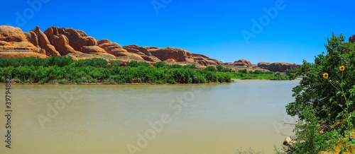 Panoramic view of Colorado river landscape in Utah near Moab city.
