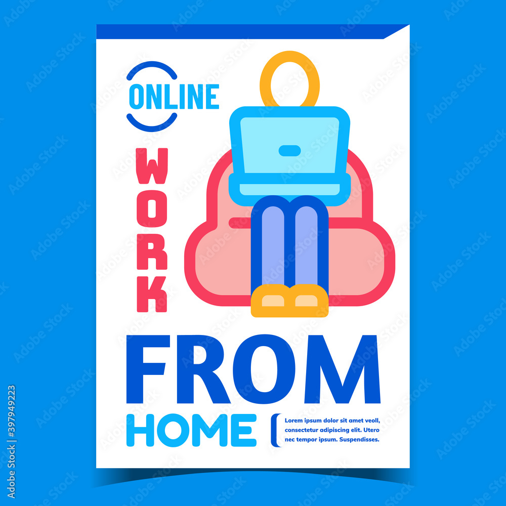 Online Work From Home Promotional Banner Vector. Employee Working With Laptop On Armchair At Home Workplace Advertising Poster. Remote Job Concept Template Style Color Illustration