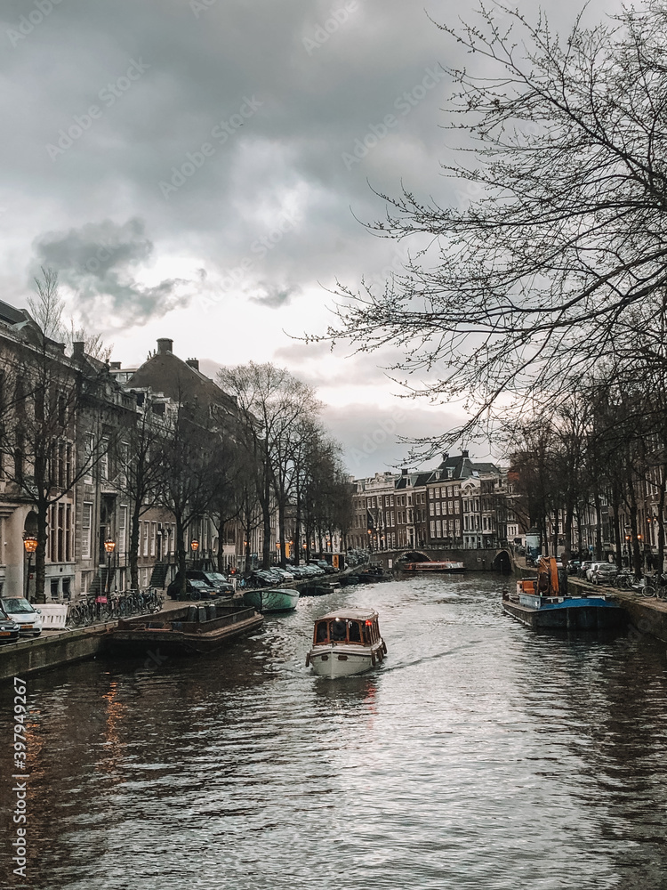 boat on river in Amsterdam