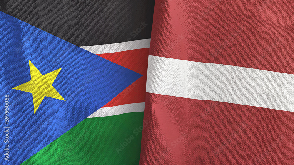 Latvia and South Sudan two flags textile cloth 3D rendering