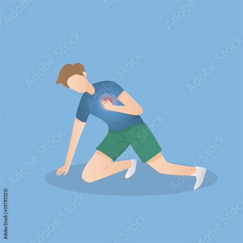 young man person heart attack from exercise,He feel chest pain and was short of breath fall on the ground,Health care,Vector illustration.