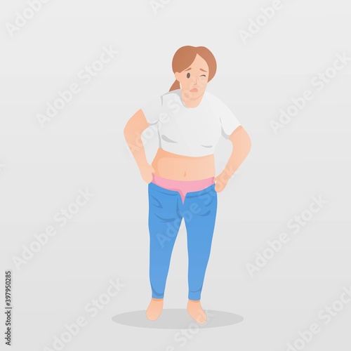 A fat woman standing worry about her body shape and weight,She felt uncomfortable and could not wear the jeans that she wear to before,Healthy character,Vector illustration.
