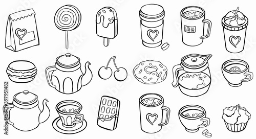  Tea, coffee, pastry icons. line set symbol. icon