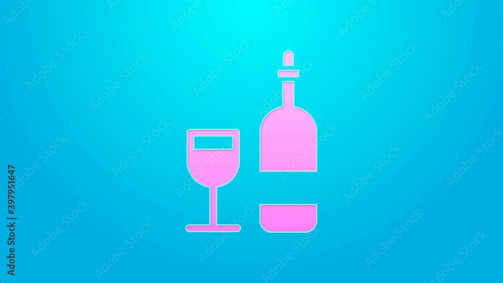Pink line Wine bottle with glass icon isolated on blue background. 4K Video motion graphic animation Pink line Wine bottle with glass icon isolated on blue background. 4K Video motion graphic animation