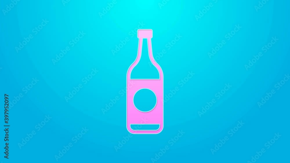 Pink line Beer bottle icon isolated on blue background. 4K Video motion graphic animation Pink line Beer bottle icon isolated on blue background. 4K Video motion graphic animation