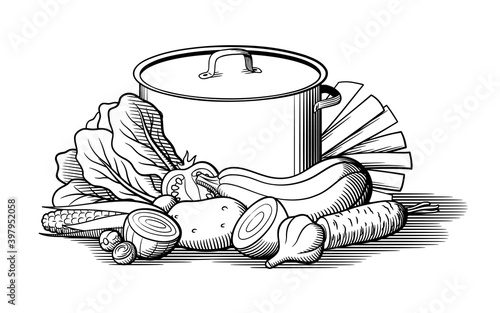Composition of big cooking pan and pile of vegetables. Lettuce, leek, zucchini, potato, carrot, corn, tomato and garlic. Black and white retro style vector illustration