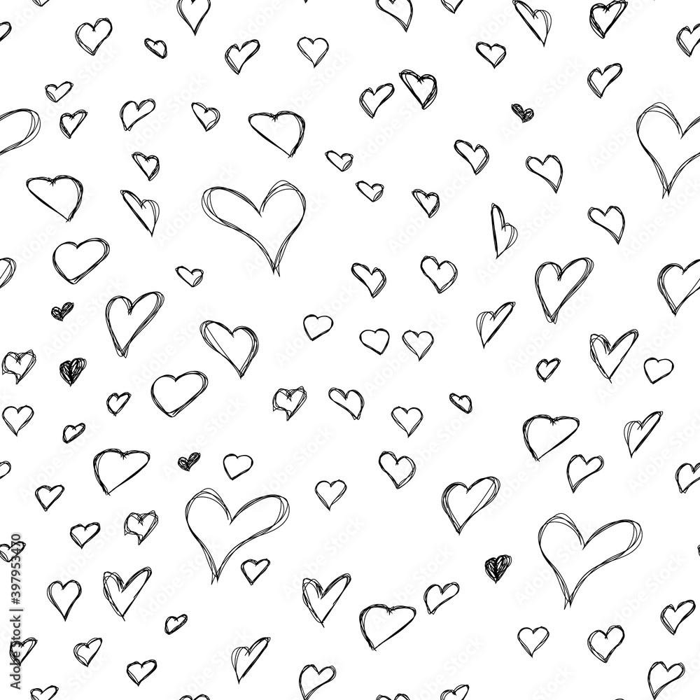 seamless pattern with hearts. print for fabric, design of wrapping paper, postcards. black and white wallpaper. February 14, Valentine's Day, wedding invitation. vector eps 10. pencil drawing. doodle,