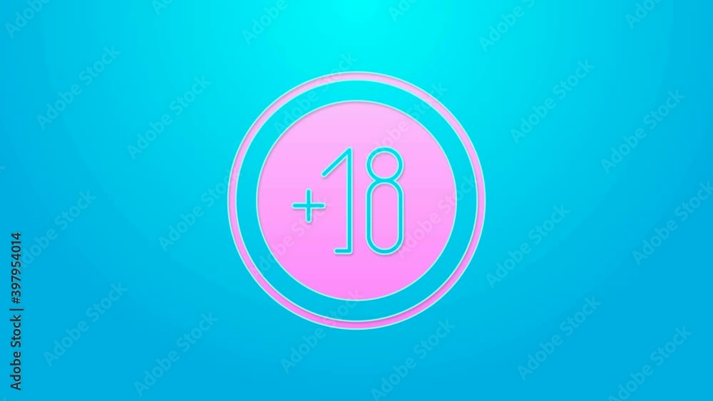 Pink line Alcohol 18 plus icon isolated on blue background. Prohibiting alcohol beverages. 4K Video motion graphic animation Pink line Alcohol 18 plus icon isolated on blue background. Prohibiting alcohol beverages. 4K Video motion graphic animation