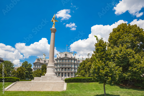 The Eisenhower Executive Office Building in Washington, DC. In front is the First Division Monument, tribute to those who died while serving in the 1st Infantry Division of the US Army.