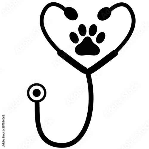 stethoscope silhouette with animal paw print icon on white background. flat style. veterinary medicine logo. medical and health care sign.