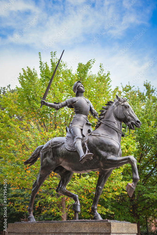 Joan of Arc statue in Meridian Hill Park in the Columbia Heights neighborhood of Washington, DC. The statue was sculpted by Paul Dubois and completed in 1922.