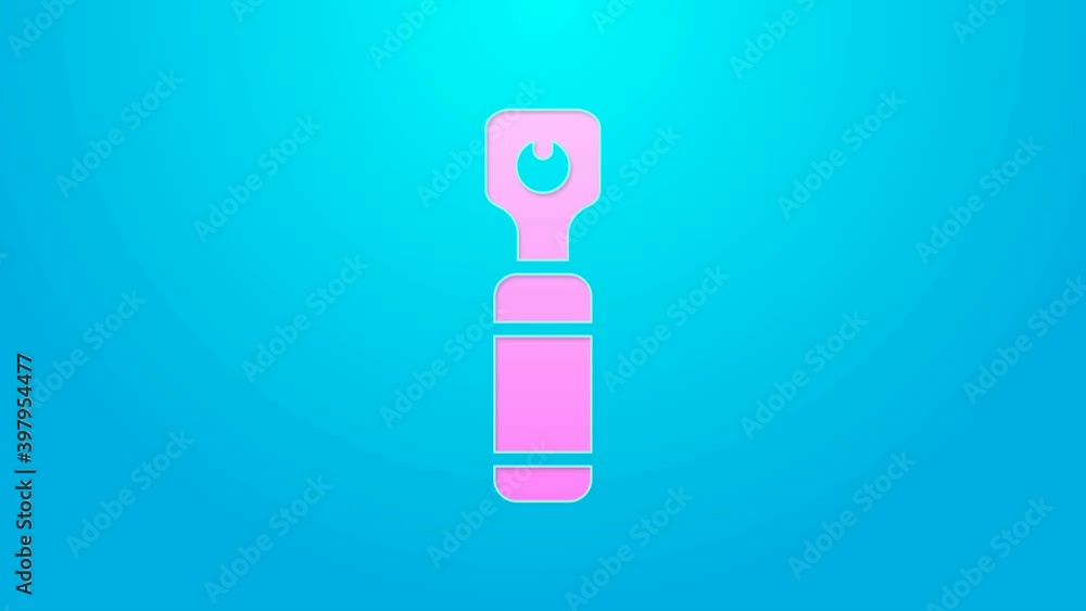 Pink line Bottle opener icon isolated on blue background. 4K Video motion graphic animation Pink line Bottle opener icon isolated on blue background. 4K Video motion graphic animation