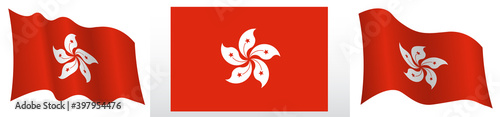 flag of hong kong in static position and in motion, fluttering in wind in exact colors and sizes, on white background