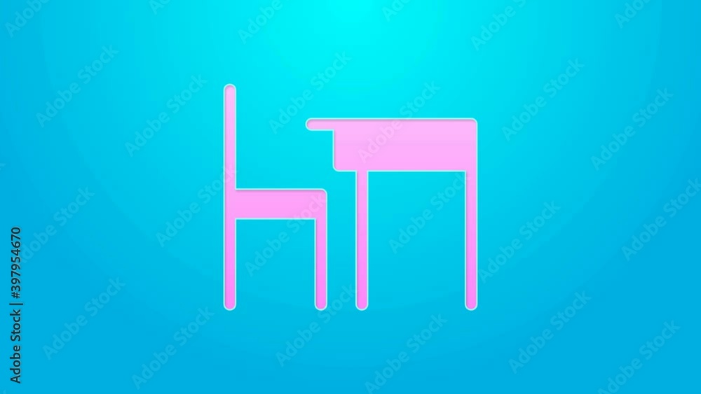Pink line School table and chair of classroom icon isolated on blue background. School desk. 4K Video motion graphic animation Pink line School table and chair of classroom icon isolated on blue background. School desk. 4K Video motion graphic animation
