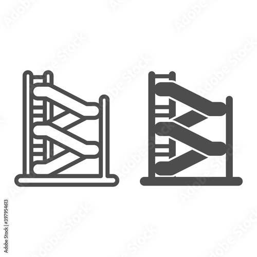 Water slides with stairs line and solid icon, waterpark concept, water attractions sign on white background, Water slide with ladder icon in outline style for mobile and web design. Vector graphics.