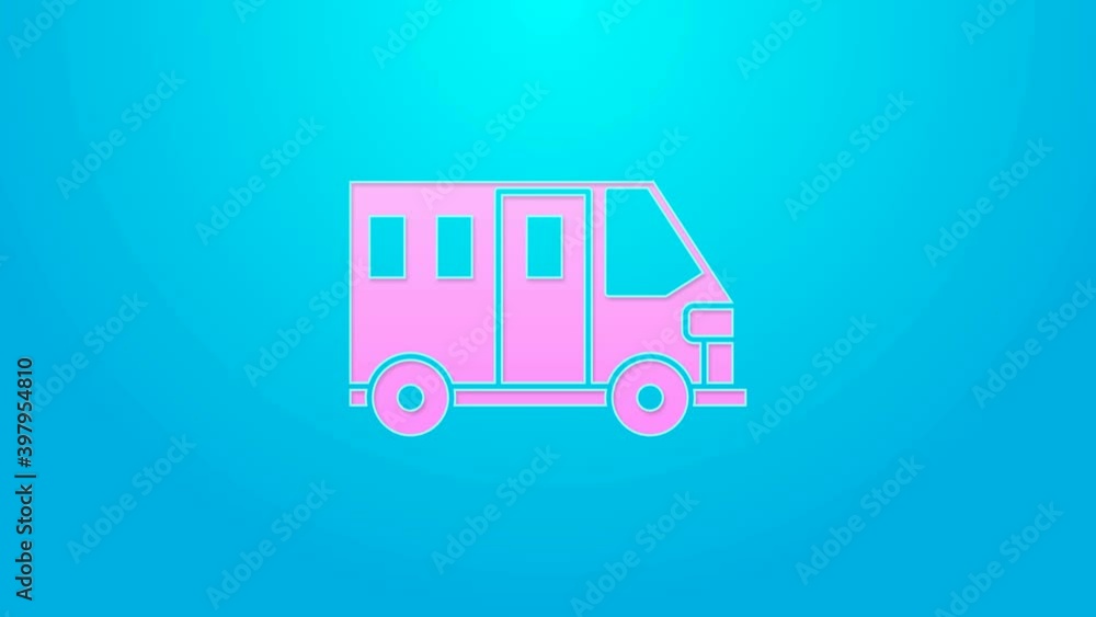 Pink line School Bus icon isolated on blue background. Public transportation symbol. 4K Video motion graphic animation Pink line School Bus icon isolated on blue background. Public transportation symbol. 4K Video motion graphic animation