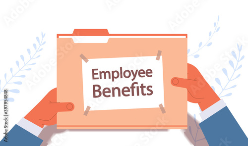 businessman hands holding employee benefits documents file folder remuneration incentive payments concept horizontal vector illustration