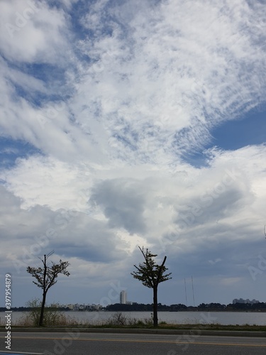 Gyeongpo Lake and trees under tornado clouds
