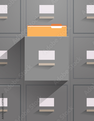 office wall of filing cabinet with open card catalog document data archive storage folders for files business administration concept vertical vector illustration