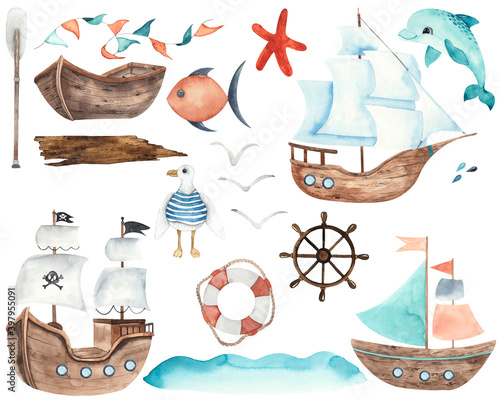 Watercolor children water transport elements: ships, boat, submarine, yacht, sailboat, lighthouse, whale, Dolphin, steering wheel, seagulls, spray photo