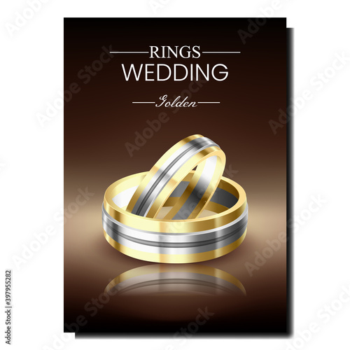 Wedding Rings Creative Promotional Banner Vector. Golden Rings For Married Couple Husband And Wife Advertising Poster. Jewelery Accessories, Hand Finger Decoration Style Concept Template Illustration